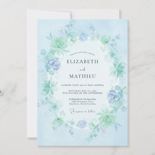 Invitation Mariage Floraison Éthérée Bleu Clair (Devant)