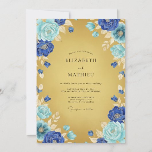 Invitation Mariage Floraison Ethérée Bleu Cobalt (Devant)