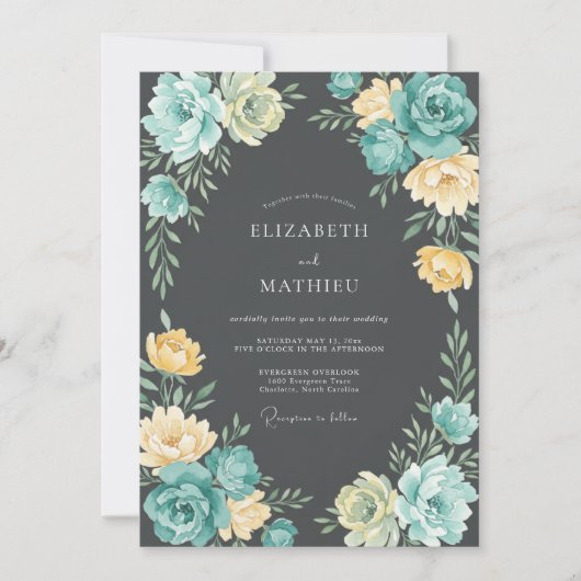 Invitation Mariage Floraison Éthérée Bleu-vert Jaune (Devant)