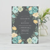 Invitation Mariage Floraison Éthérée Bleu-vert Jaune (Debout devant)