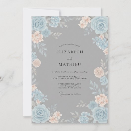 Invitation Mariage Floraison Ethérée Bleue Pêche (Devant)