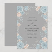 Invitation Mariage Floraison Ethérée Bleue Pêche (Devant / Derrière)