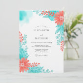 Invitation Mariage Floraison Ethérée de Corail Sarcelle (Debout devant)