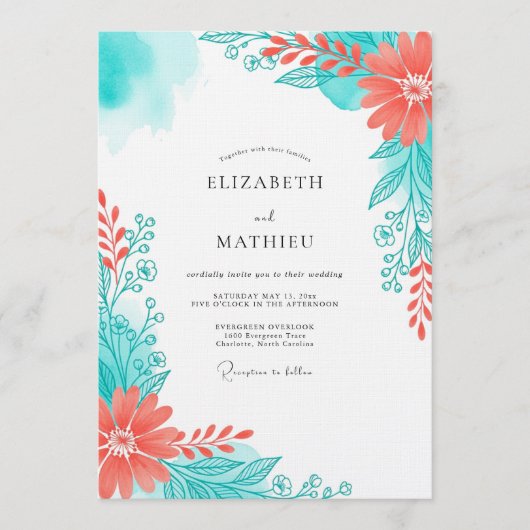Invitation Mariage Floraison Ethérée de Corail Sarcelle (Devant)
