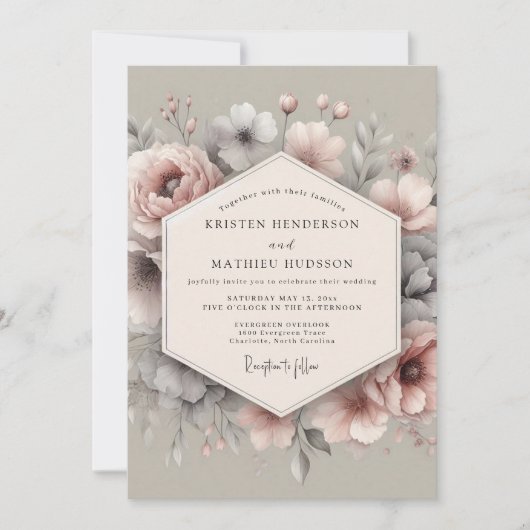 Invitation Mariage Floraison Éthérée Gris Rosé (Devant)