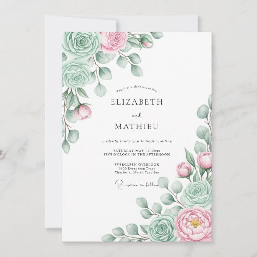 Invitation Mariage Floraison Éthérée Rose Menthe (Devant)