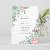 Invitation Mariage Floraison Éthérée Rose Menthe (Debout devant)
