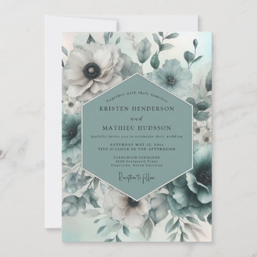 Invitation Mariage Floraison Éthérée Sarcelle (Devant)