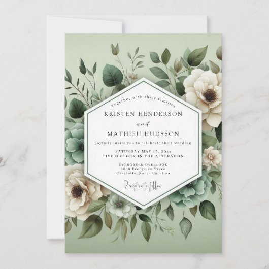 Invitation Mariage Floraison Ethérée Vert Sauge (Devant)