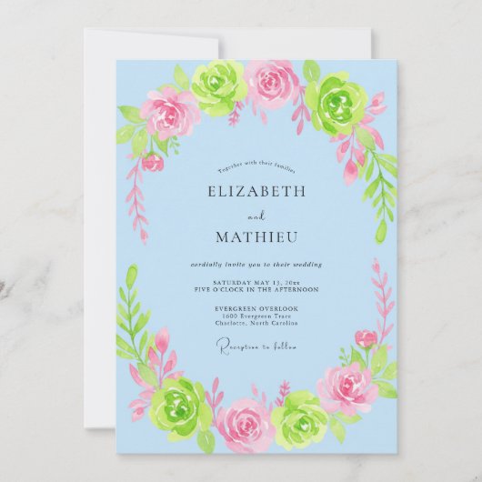 Invitation Mariage Floraison Fantaisiste Bleu Clair (Devant)
