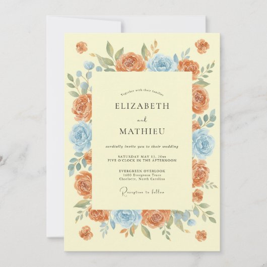 Invitation Mariage Floraison Fantaisiste Bleu Corail (Devant)
