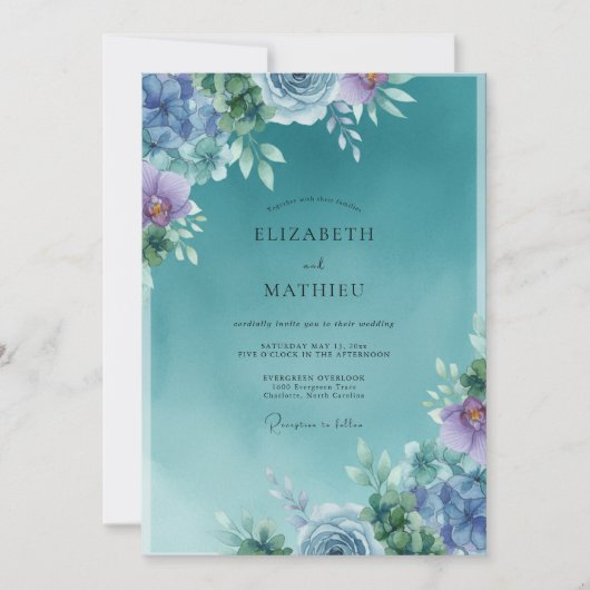 Invitation Mariage Floraison Florale Brume de Teal (Devant)