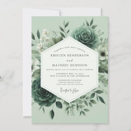 Invitation Mariage Floraison Floue Vert Sauge (Devant)