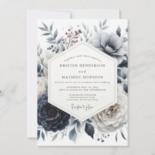 Invitation Mariage Floraison Glaciaire Bleu Ardoise (Devant)