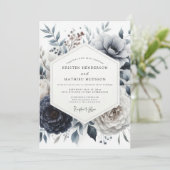 Invitation Mariage Floraison Glaciaire Bleu Ardoise (Debout devant)