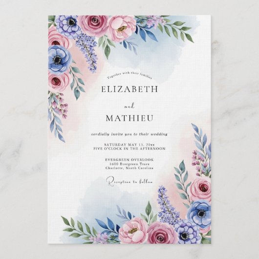 Invitation Mariage Floraison Impressionniste Rose Lavande (Devant)