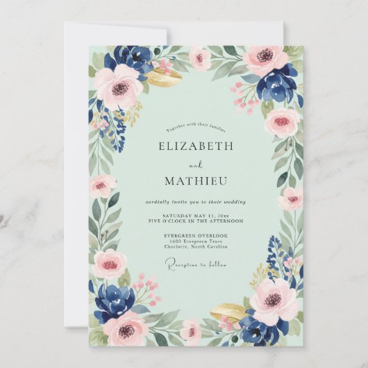 Invitation Mariage Floraison Indigo Menthe (Devant)
