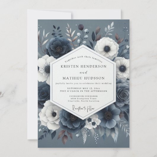 Invitation Mariage Floraison Nocturne Bleu Ardoise (Devant)