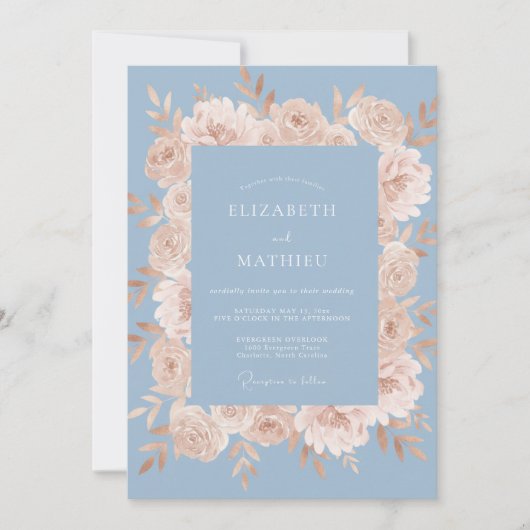 Invitation Mariage Floraison Romantique Bleu Pêche (Devant)