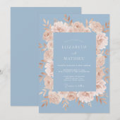 Invitation Mariage Floraison Romantique Bleu Pêche (Devant / Derrière)