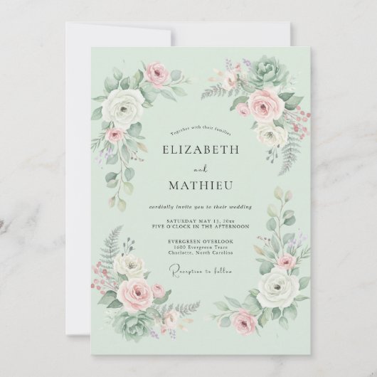Invitation Mariage Floraison Romantique de Menthe (Devant)