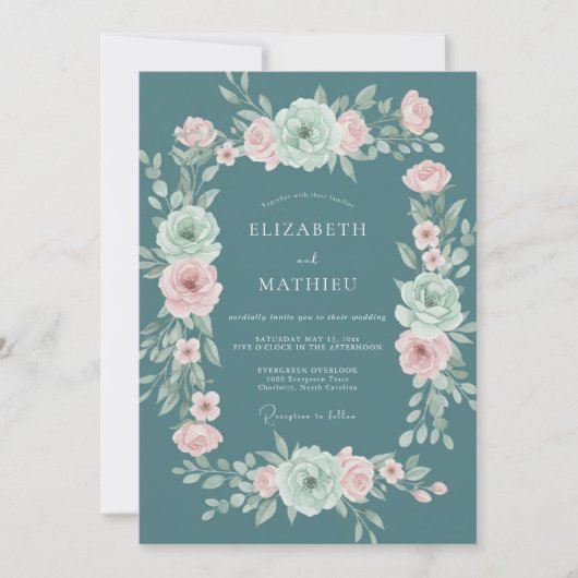 Invitation Mariage Floraison Romantique Sarcelle (Devant)