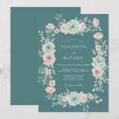Invitation Mariage Floraison Romantique Sarcelle (Devant / Derrière)