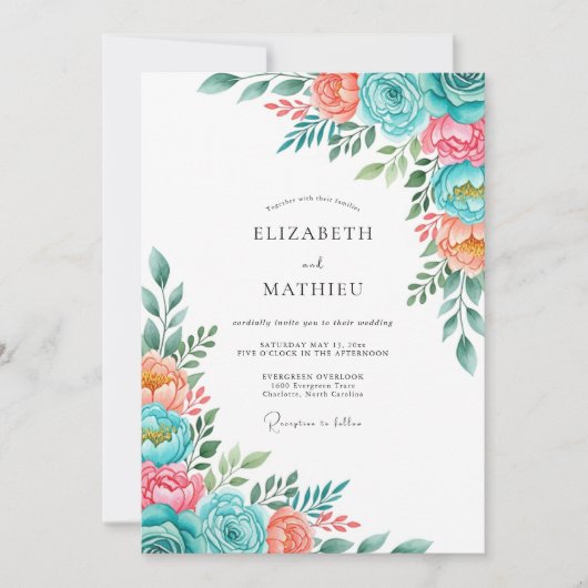 Invitation Mariage Floraison Romantique Teal Peach (Devant)
