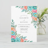 Invitation Mariage Floraison Romantique Teal Peach (Debout devant)