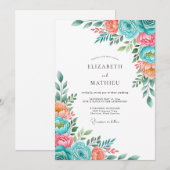 Invitation Mariage Floraison Romantique Teal Peach (Devant / Derrière)