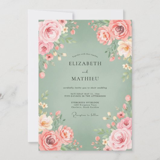 Invitation Mariage Floraison Rose Sage (Devant)