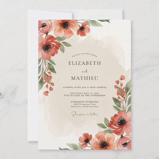 Invitation Mariage Floraison Verte Corail (Devant)