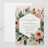 Invitation Mariage Floraison Verte Rose (Devant / Derrière)