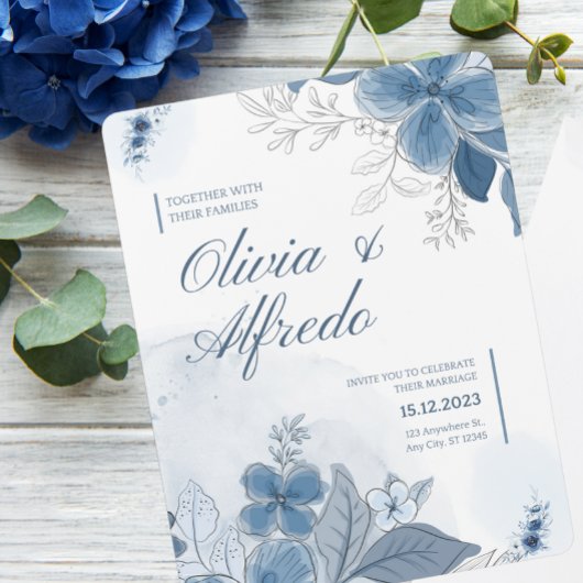 Invitation Mariage floral à aquarelle bleue