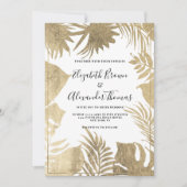 Invitation Mariage floral à cadre de feuille d'or blanc tropi (Devant)