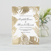 Invitation Mariage floral à cadre de feuille d'or blanc tropi (Debout devant)