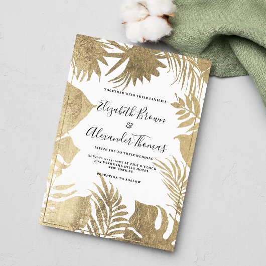 Invitation Mariage floral à cadre de feuille d'or blanc tropi