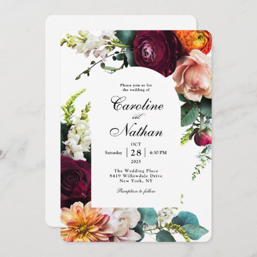 Invitation Mariage floral à charpente fraîche en automne (Devant / Derrière)