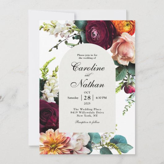 Invitation Mariage floral à charpente fraîche en automne (Devant)
