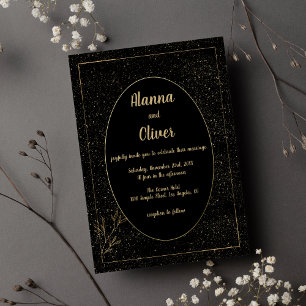 Invitation Mariage floral à confettis noir or classique