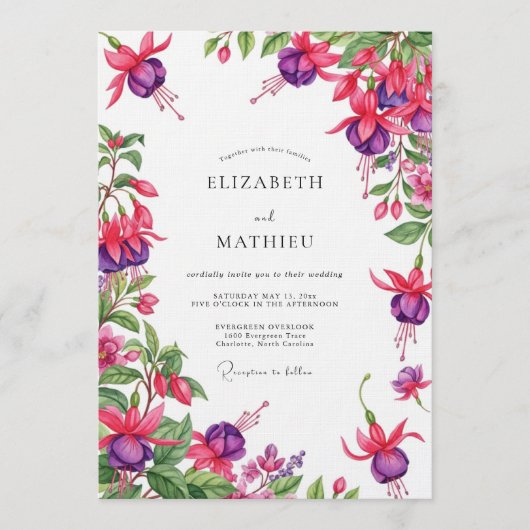 Invitation Mariage Floral à Drapé Fuchsia (Devant)