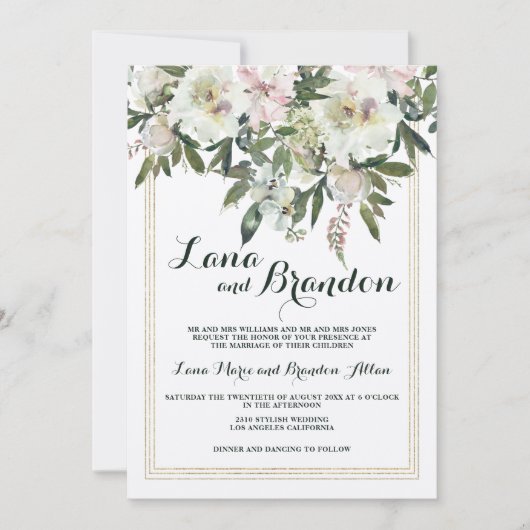 Invitation Mariage floral à écriture classique crème rose pay (Devant)