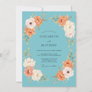Invitation Mariage Floral à l'Aquarelle Bleu Clair et Pêche