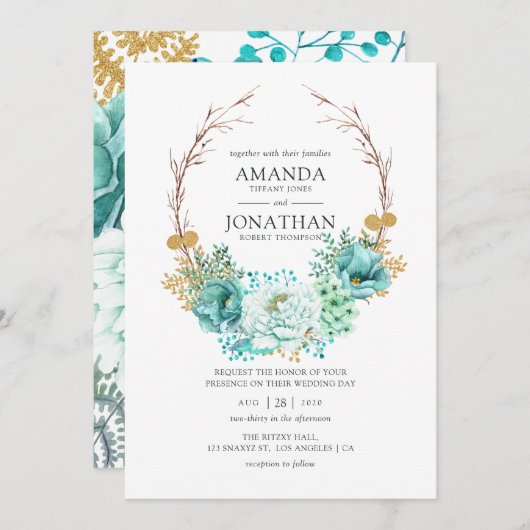 Invitation Mariage floral à l'aquarelle de la menthe (Devant / Derrière)