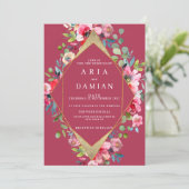 Invitation Mariage floral à menthe rose géométrique (Debout devant)