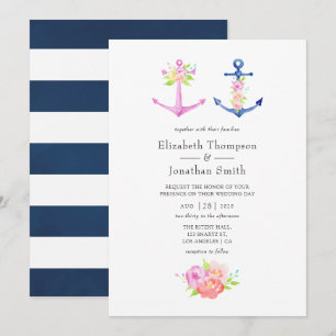 Invitation Mariage floral à thème nautique à l'aquarelle
