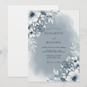 Invitation Mariage Floral Abstrait Bleu Ardoise (Devant / Derrière)