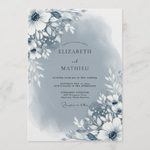 Invitation Mariage Floral Abstrait Bleu Ardoise