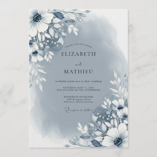 Invitation Mariage Floral Abstrait Bleu Ardoise (Devant)