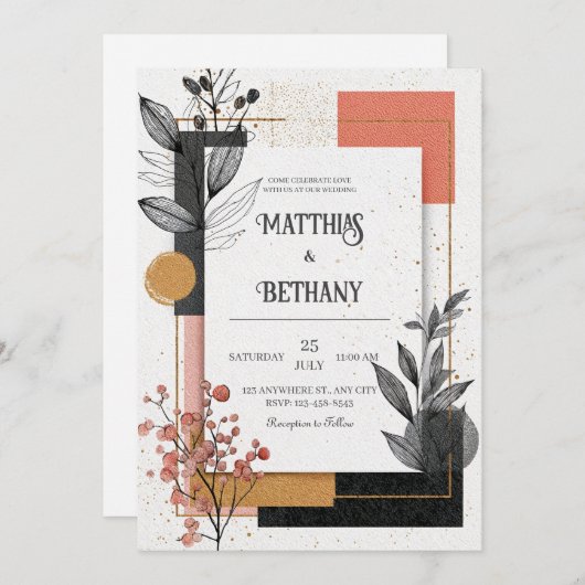 Invitation Mariage floral Abstrait en terre cuite et encre (Devant / Derrière)